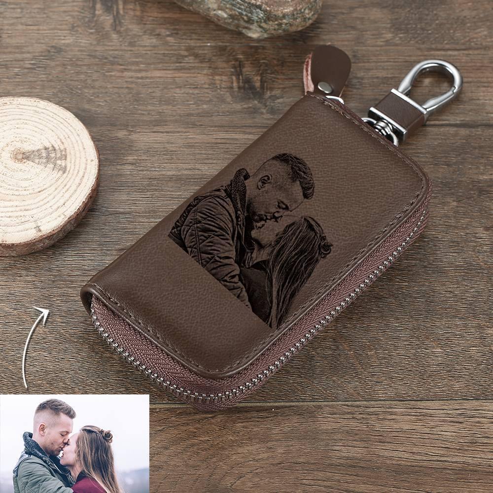 Photo Engraved Key Wallet, Leather Key Case Brown - yournamenecklace