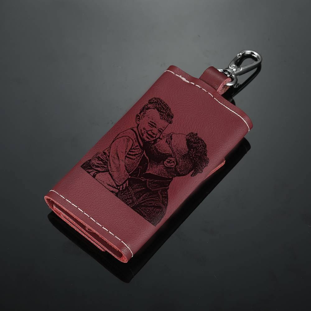 Photo Leather Key Case, Key Holder Wallet Dark Red - yournamenecklace
