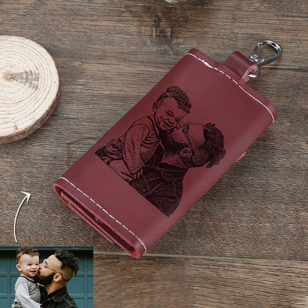 Photo Leather Key Case, Key Holder Wallet Dark Red - yournamenecklace