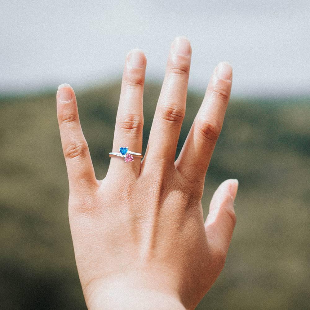 Personalised Birthstone with Engraving Double Heart promise Ring Silver - yournamenecklaceus