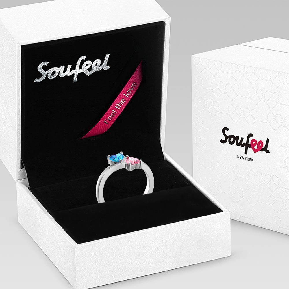 Personalised Birthstone with Engraving Double Heart promise Ring Silver - yournamenecklaceus