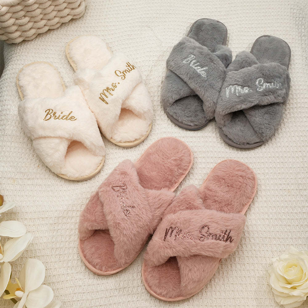 Custom Fluffy Slippers Fluffy Cross Slippers Bride Slippers Bridesmaid Gift - yournamenecklaceau