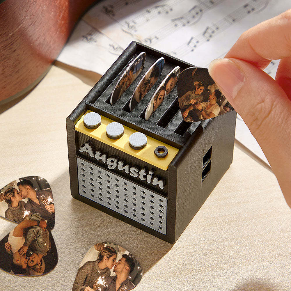Personalized 3D Printing Retro Guitar Amp Shape Guitar Picks Holder Plectrum Storage Box with Name Birthday Gift for Musician Guitar Player - yournamenecklaceau