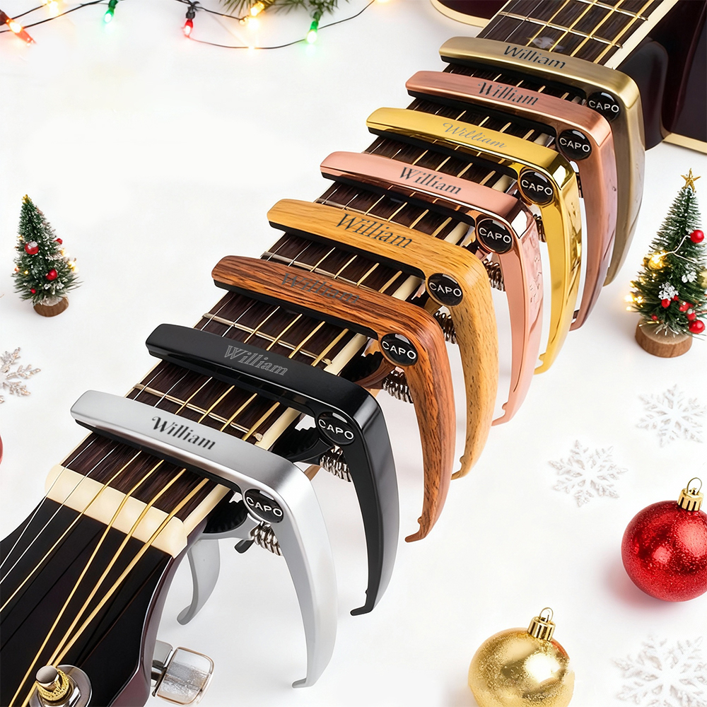 Personalized Metal Guitar Capo with Wood Grain, Custom Message, Engraved Guitar Pick, Birthday Gift, Fathers days Gift for Guitarists - NameNecklaceAU