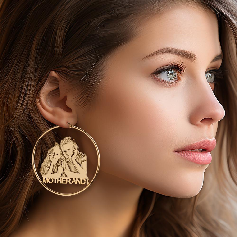 Custom Photo Engraved Hoop Earrings Exaggerate Gifts for Couple - yournamenecklaceau