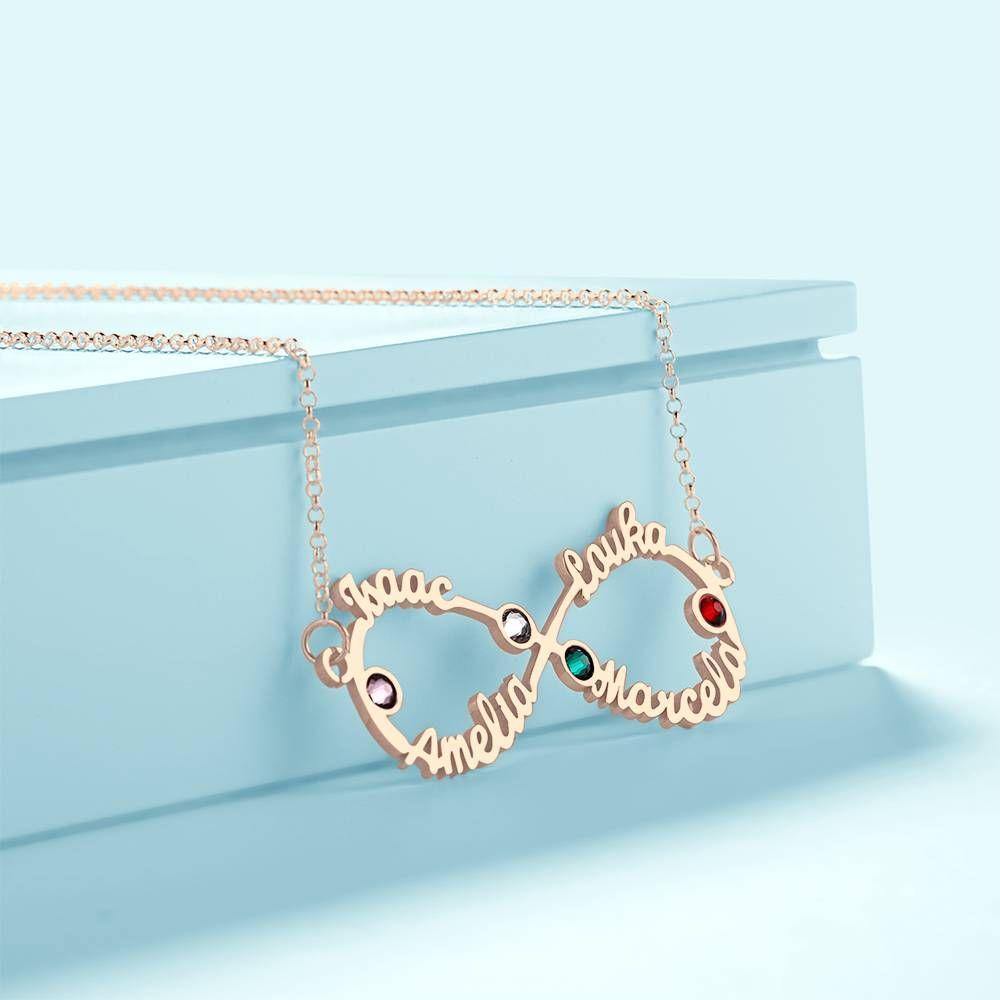 Name Necklace with Birthstone Infinity Necklace Four Names Four Birthstones Rose Gold Plated - Silver - yournamenecklace