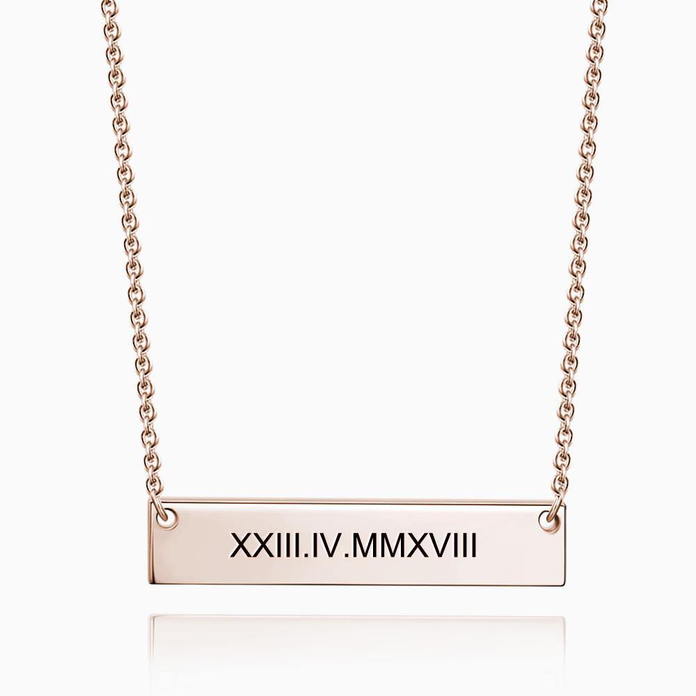Engraved Roman Numeral Bar Necklace Rose Gold Plated Silver