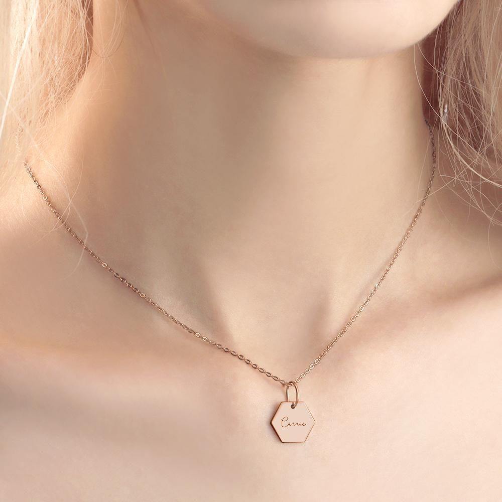 Hexagon Tag Necklace Engraved Necklace for Her Rose Gold Plated - soufeelus