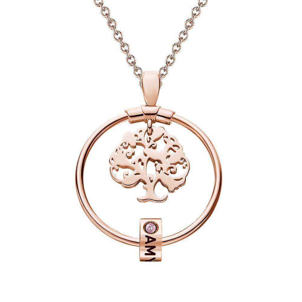Life Tree Engraved Necklace With Custom One Birthstone Gifts - Rose Gold 