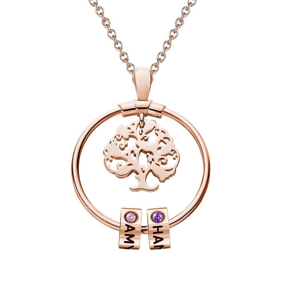 Life Tree Engraved Necklace With Custom One Birthstone Gifts - Rose Gold 