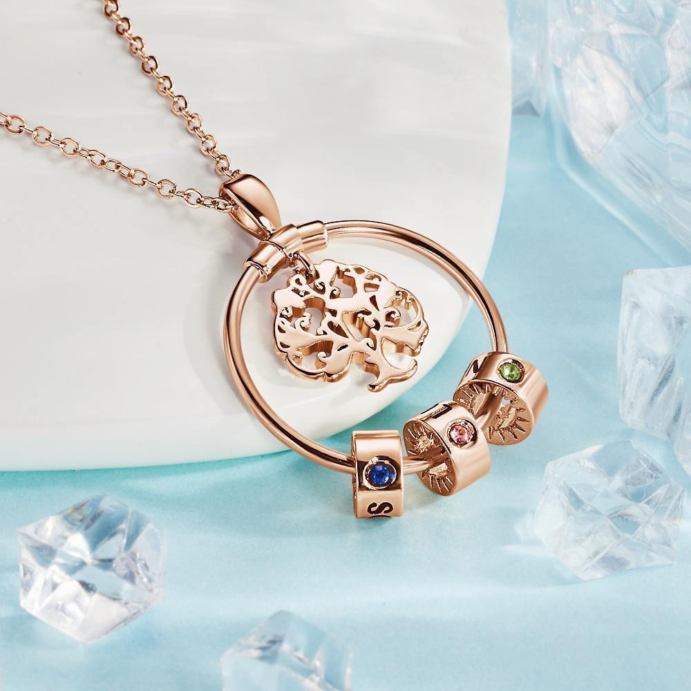 Life Tree Engraved Necklace With Custom One Birthstone Gifts - Rose Gold 