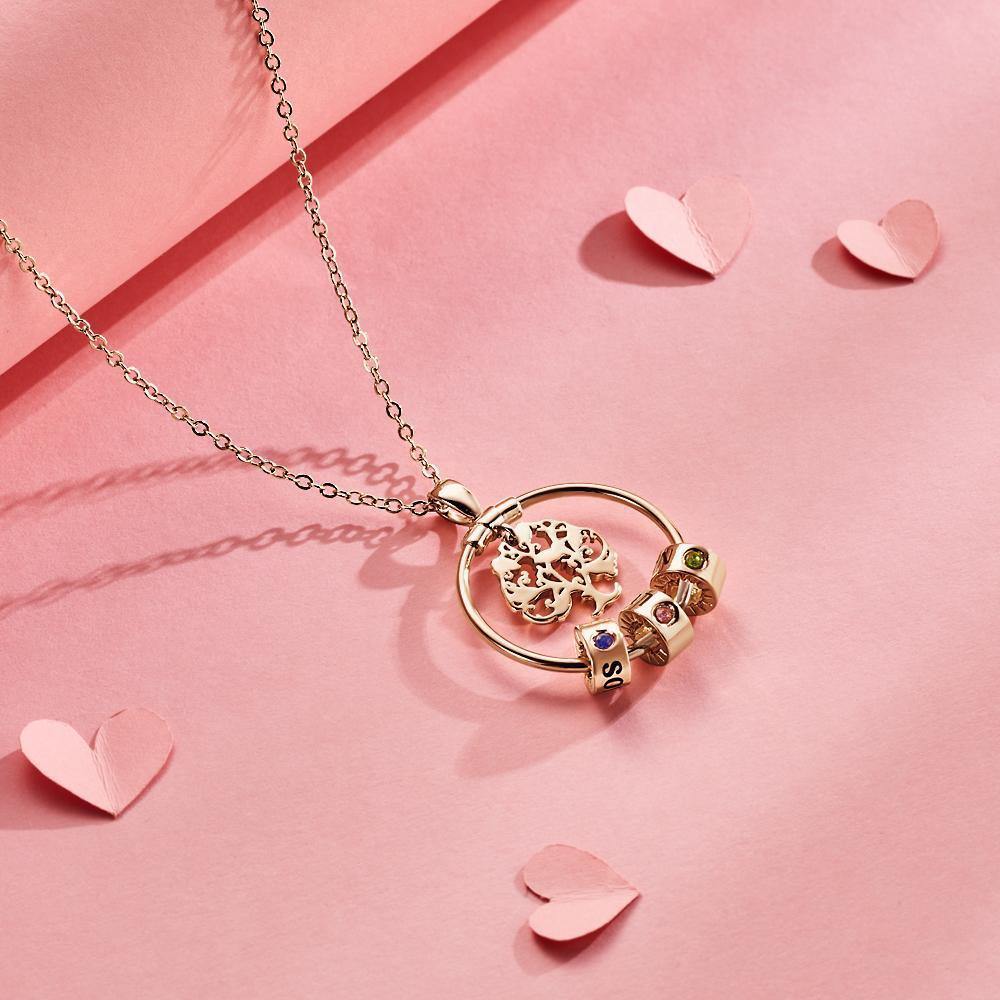 Life Tree Engraved Necklace With Custom One Birthstone Gifts - Rose Gold 
