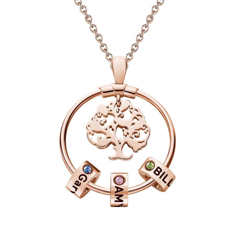 Life Tree Engraved Necklace With Custom One Birthstone Gifts - Rose Gold 