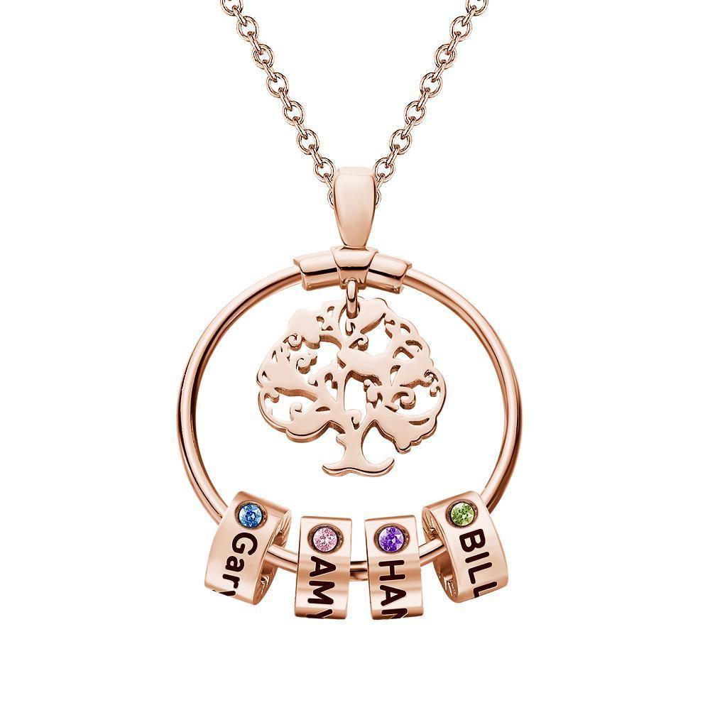 Life Tree Engraved Necklace With Custom One Birthstone Gifts - Rose Gold 