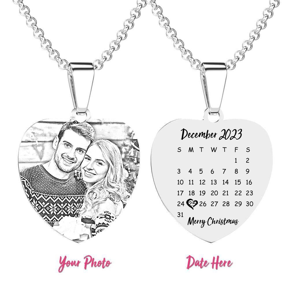 Engraved Heart Calendar Tag Photo Necklace Stainless Steel Gifts for Your Lover Christmas Gift