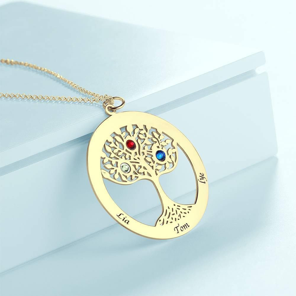 Family Tree Necklace with Birthstone, Engraved Necklace Family Gift 14K Gold Plated - Silver - soufeelus