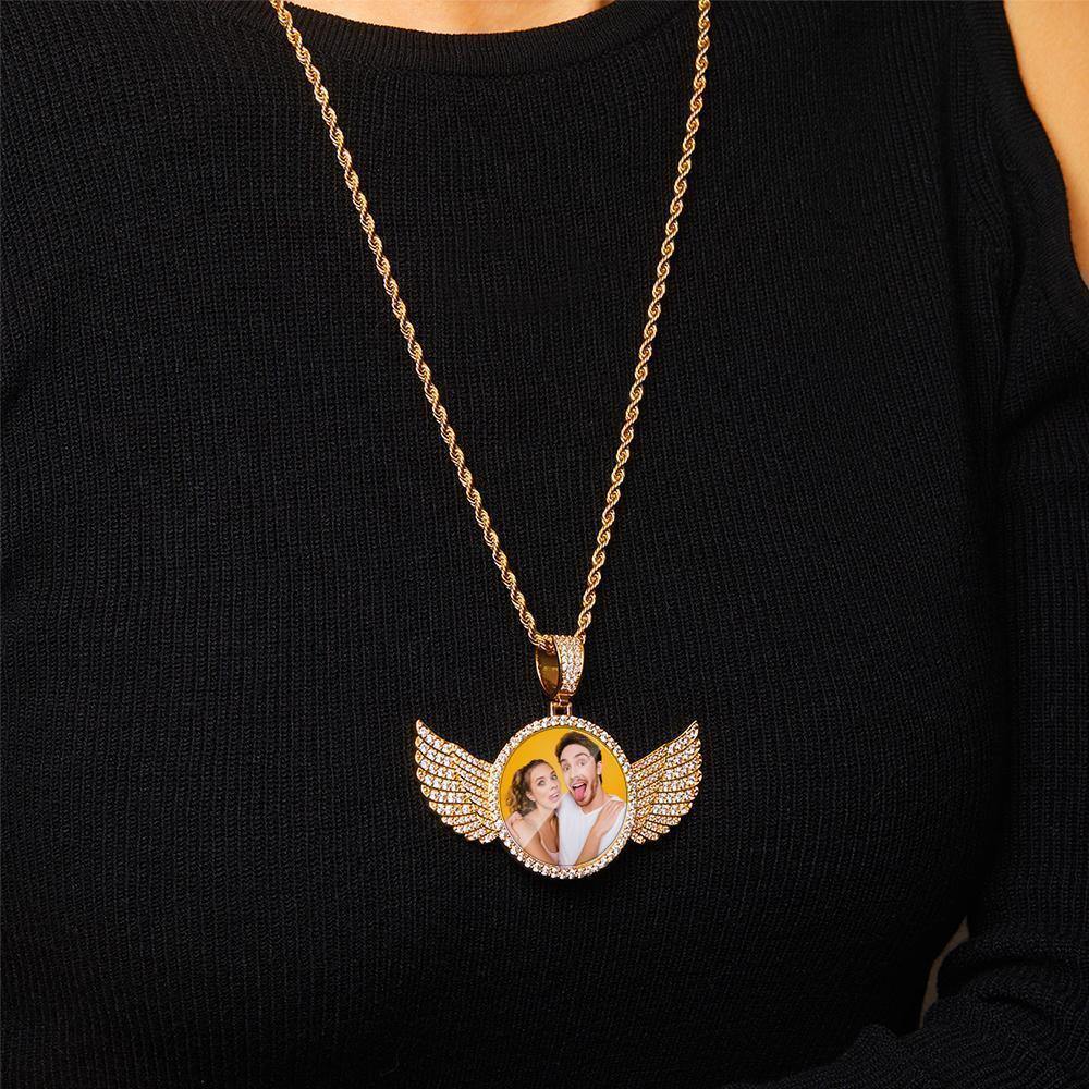 Custom Photo Necklace with Wings Medallions Necklace Iced Out Large Custom Picture Pendant Golden - yournamenecklace
