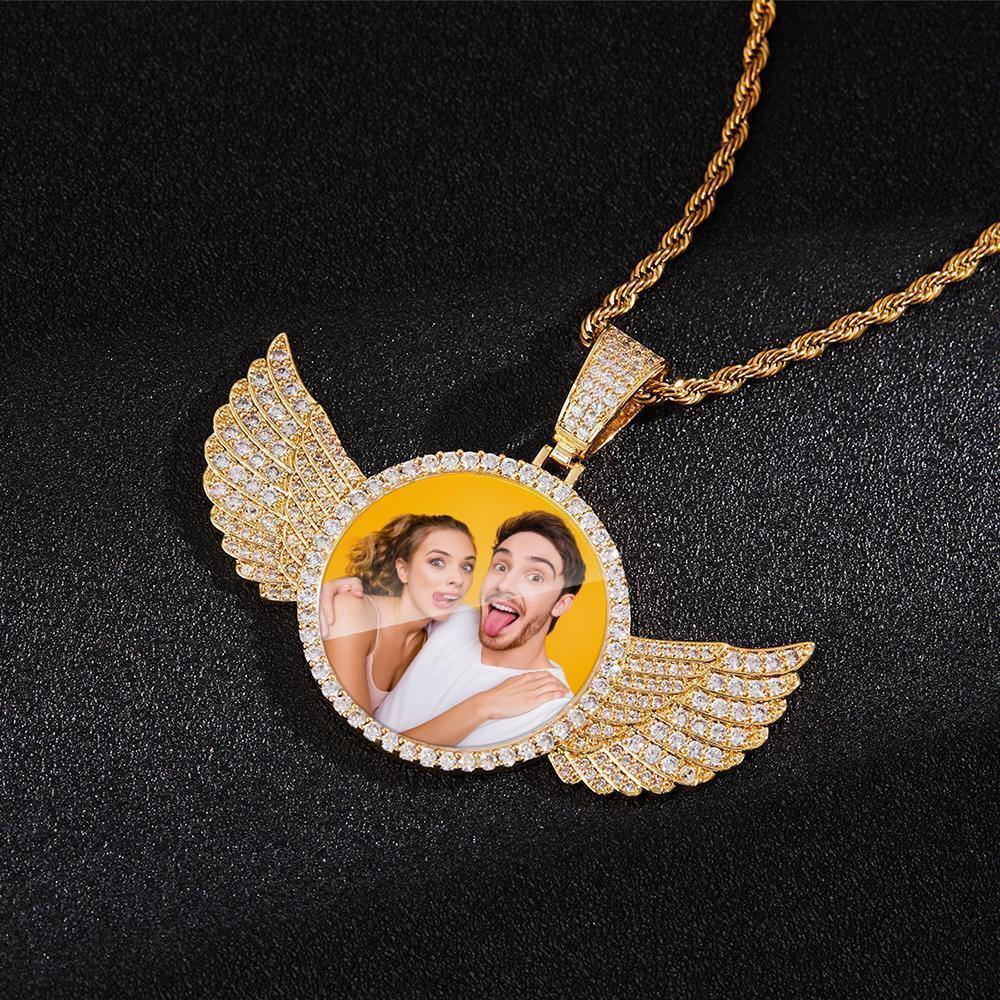 Custom Photo Necklace with Wings Medallions Necklace Iced Out Large Custom Picture Pendant Golden - yournamenecklace