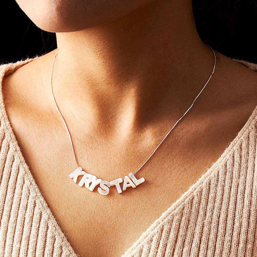 Mother of Pearl Name Necklace Custom Name Silver Necklace - yournamenecklaceau