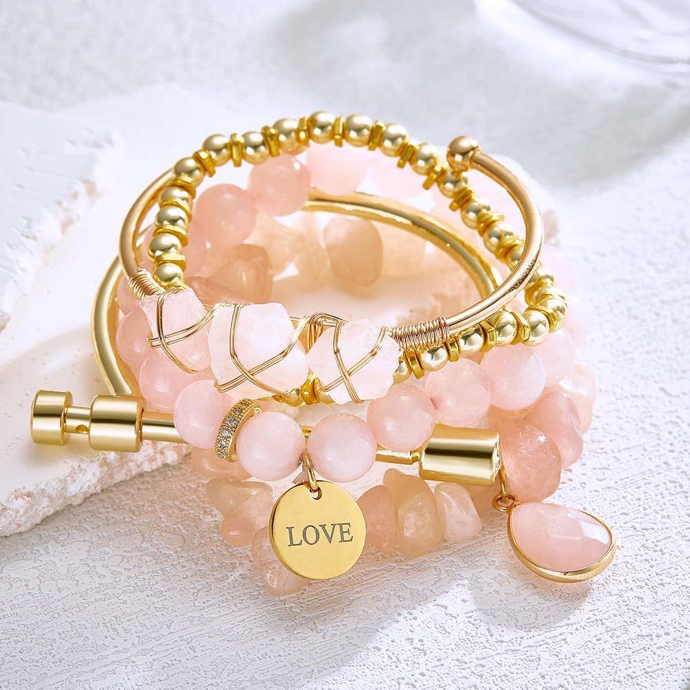 Custom Birthstone Engraved Bracelet Crystal Pink Bohemia Style Gift - yournamenecklaceau
