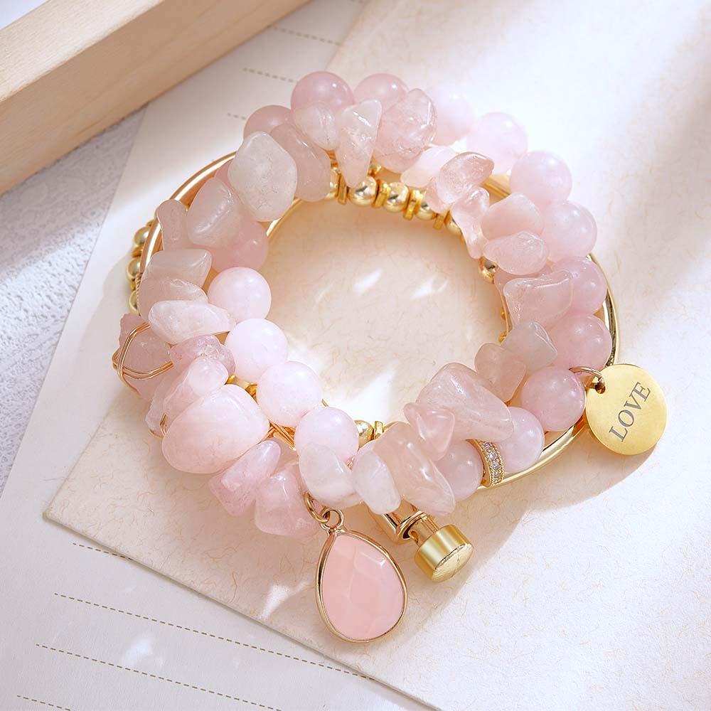 Custom Birthstone Engraved Bracelet Crystal Pink Bohemia Style Gift - yournamenecklaceau