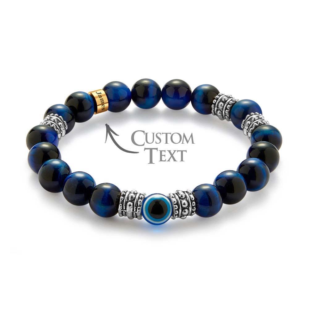Custom Engraved Men's Beaded Bracelet Evil Eye Blue Tiger Eye Amulet Bracelet - yournamenecklaceau