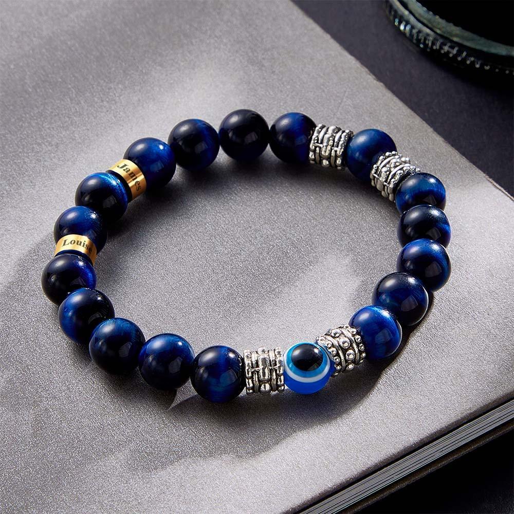 Custom Engraved Men's Beaded Bracelet Evil Eye Blue Tiger Eye Amulet Bracelet - yournamenecklaceau