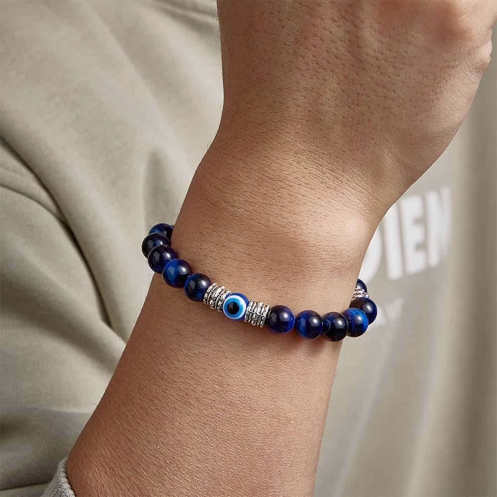 Custom Engraved Men's Beaded Bracelet Evil Eye Blue Tiger Eye Amulet Bracelet - yournamenecklaceau
