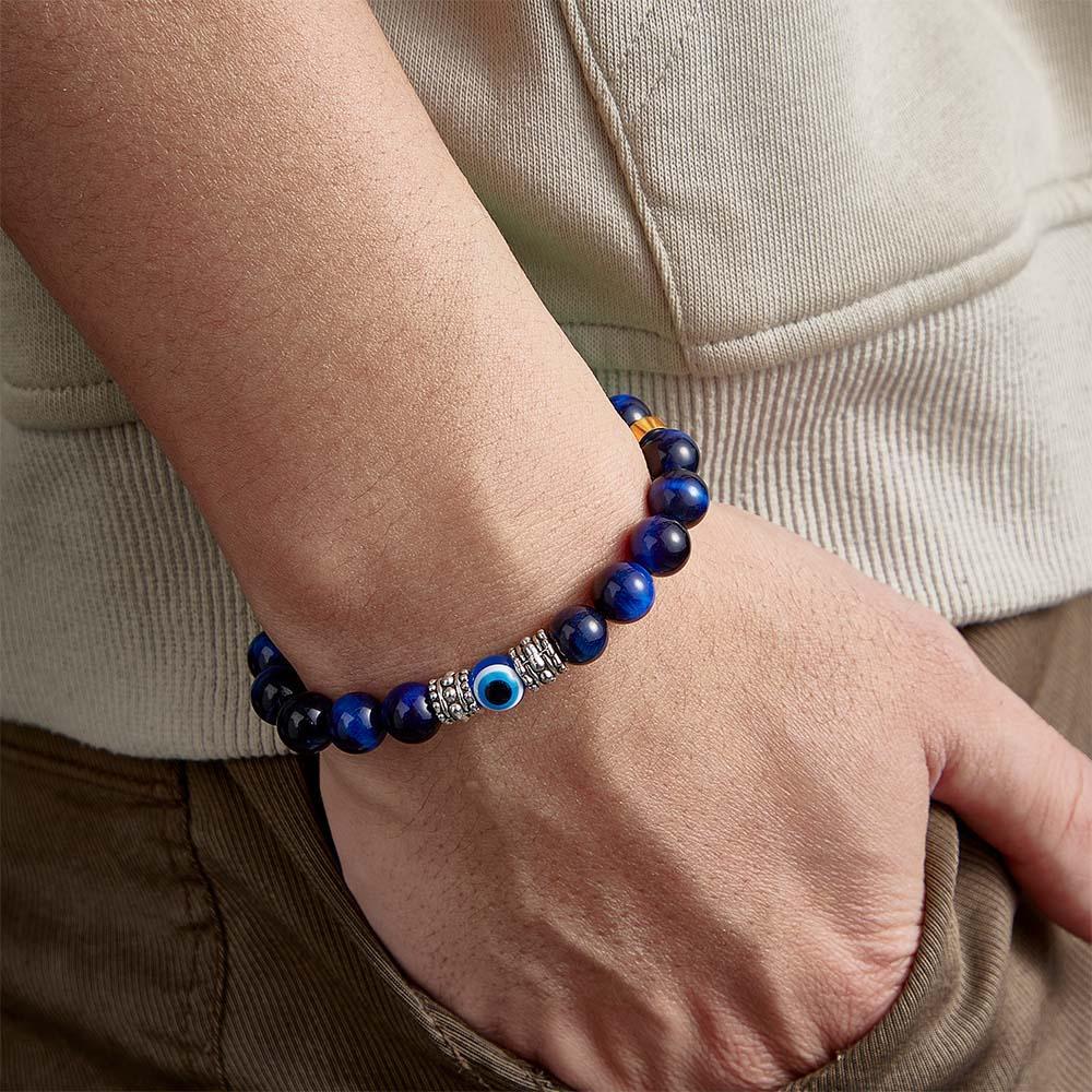 Custom Engraved Men's Beaded Bracelet Evil Eye Blue Tiger Eye Amulet Bracelet - yournamenecklaceau