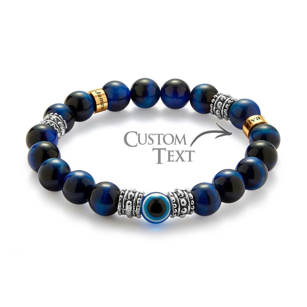 Custom Engraved Men's Beaded Bracelet Evil Eye Blue Tiger Eye Amulet Bracelet - yournamenecklaceau