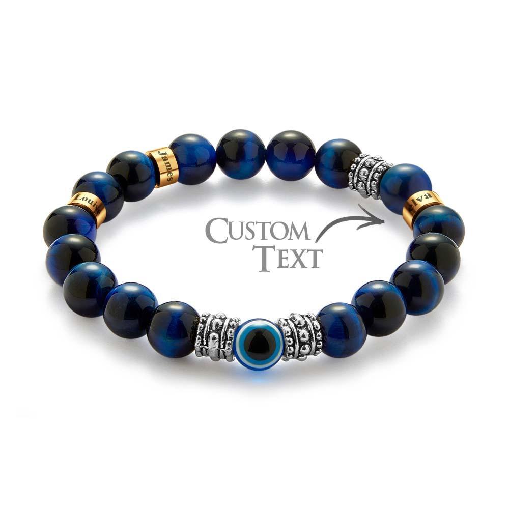 Custom Engraved Men's Beaded Bracelet Evil Eye Blue Tiger Eye Amulet Bracelet - yournamenecklaceau