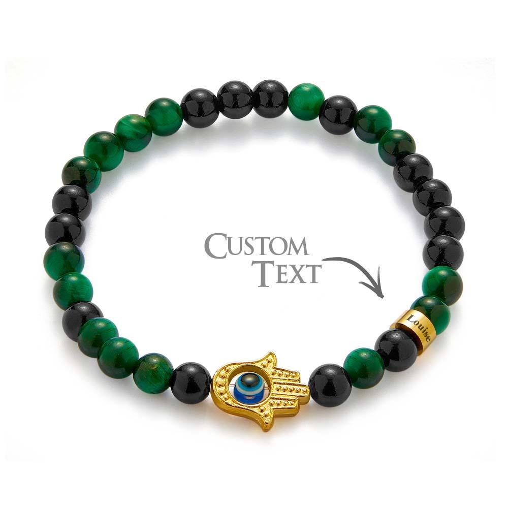 Custom Engraved Men's Amulet Bracelet Evil Eye Hamsa Green Tiger Eye Beaded Bracelet - yournamenecklaceau