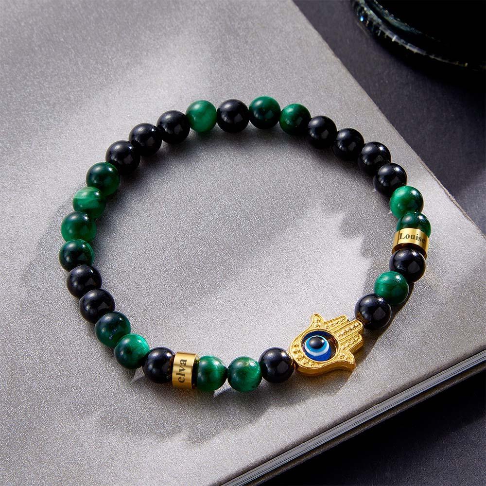 Custom Engraved Men's Amulet Bracelet Evil Eye Hamsa Green Tiger Eye Beaded Bracelet - yournamenecklaceau