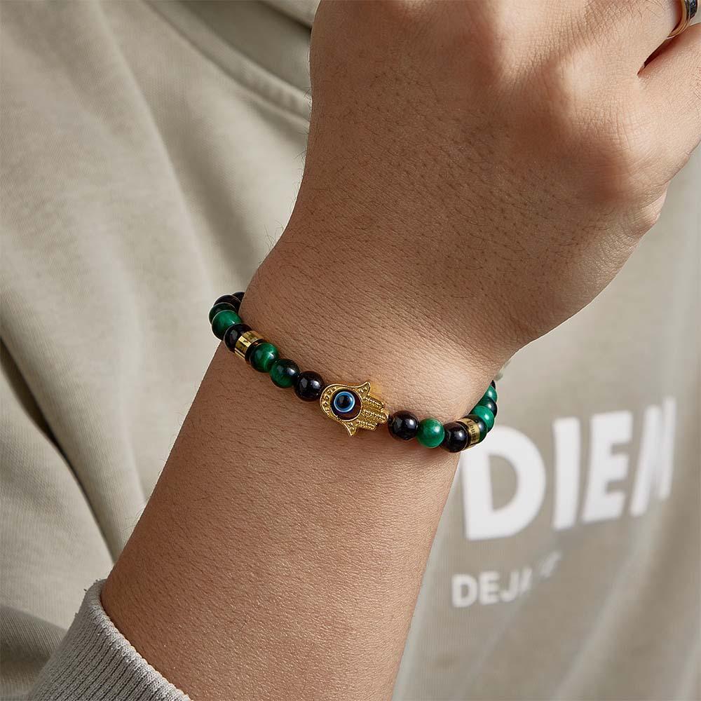 Custom Engraved Men's Amulet Bracelet Evil Eye Hamsa Green Tiger Eye Beaded Bracelet - yournamenecklaceau
