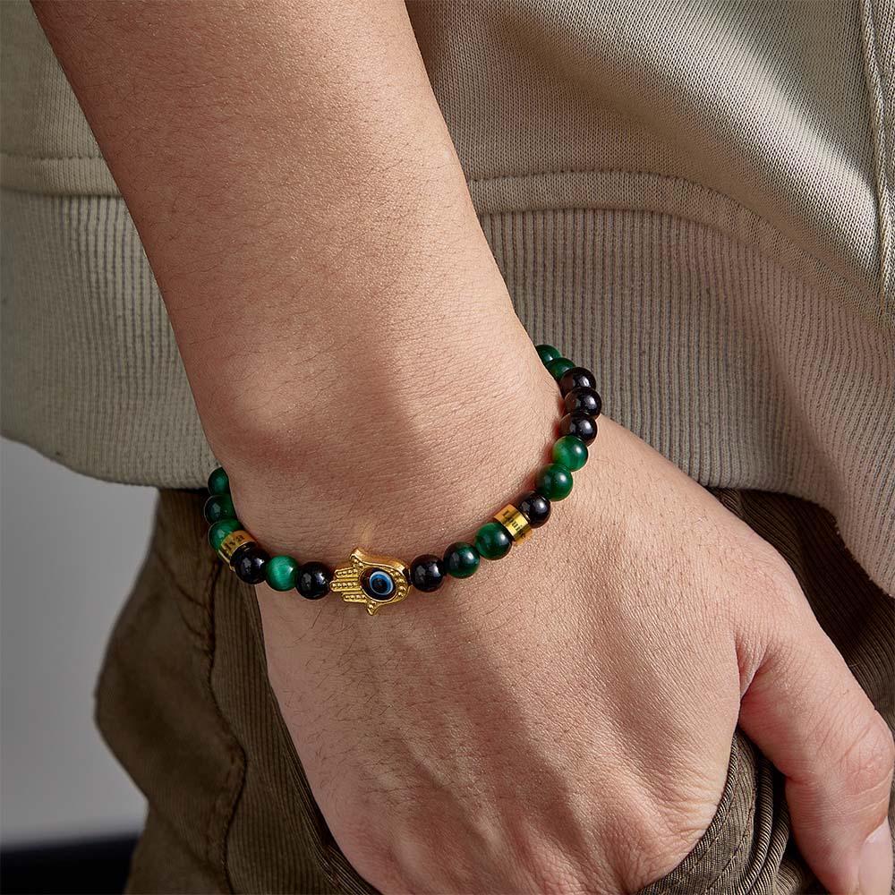 Custom Engraved Men's Amulet Bracelet Evil Eye Hamsa Green Tiger Eye Beaded Bracelet - yournamenecklaceau