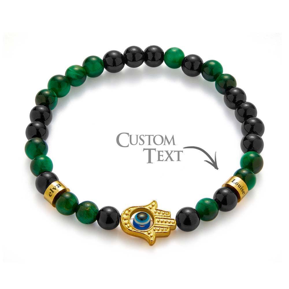 Custom Engraved Men's Amulet Bracelet Evil Eye Hamsa Green Tiger Eye Beaded Bracelet - yournamenecklaceau