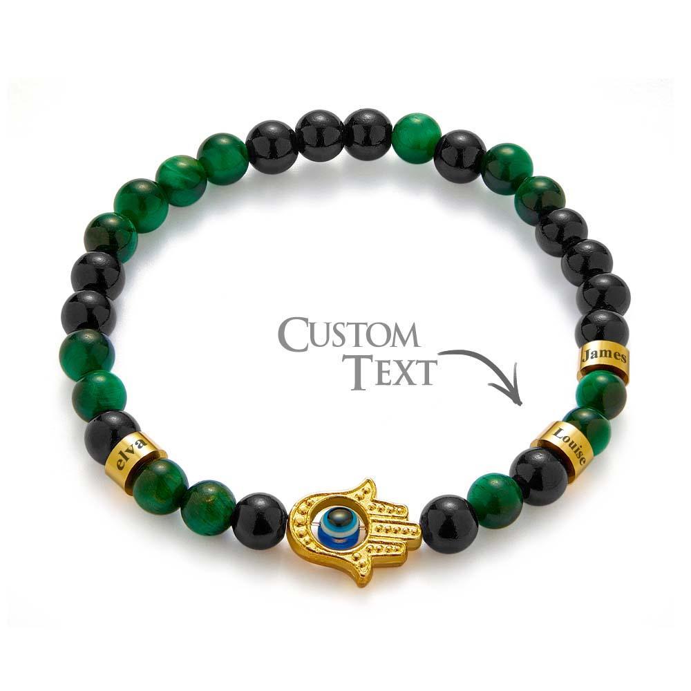 Custom Engraved Men's Amulet Bracelet Evil Eye Hamsa Green Tiger Eye Beaded Bracelet - yournamenecklaceau