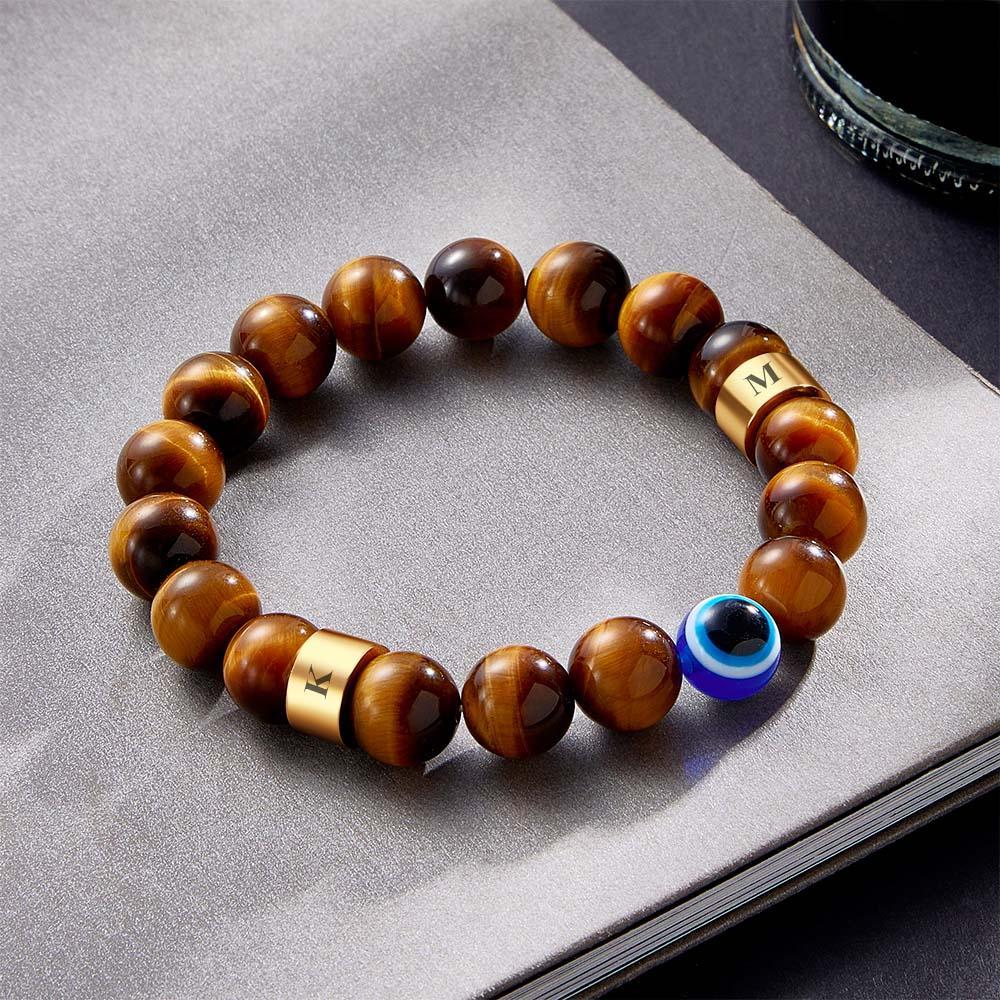Custom Engraved Bracelet Amulet Evil Eye Gold Tiger Eye Beaded Bracelet for Men - yournamenecklaceau
