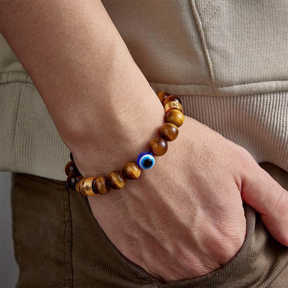 Custom Engraved Bracelet Amulet Evil Eye Gold Tiger Eye Beaded Bracelet for Men - yournamenecklaceau