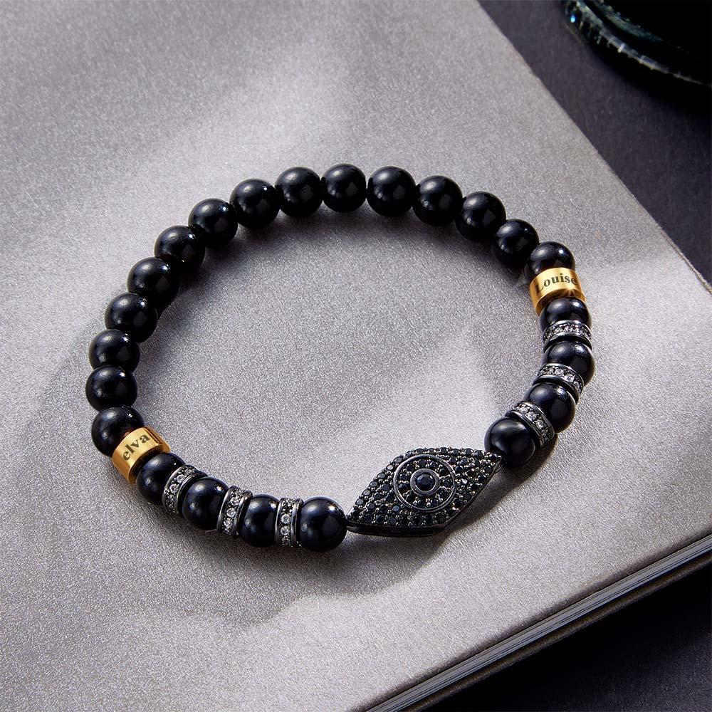 Custom Engraved Evil Eye Men's Bracelet Black Onyx Beaded Amulet Bracelet - yournamenecklaceau