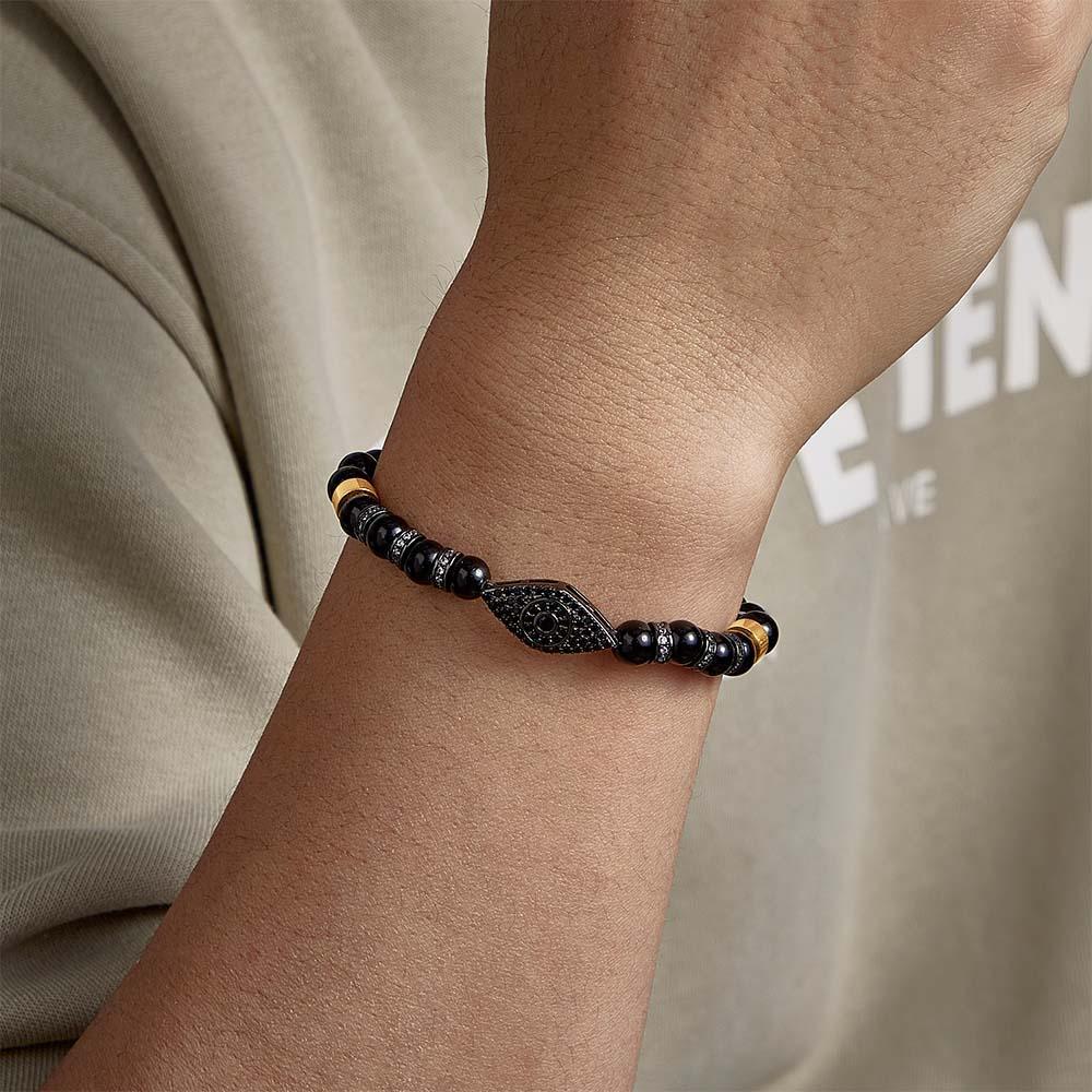 Custom Engraved Evil Eye Men's Bracelet Black Onyx Beaded Amulet Bracelet - yournamenecklaceau