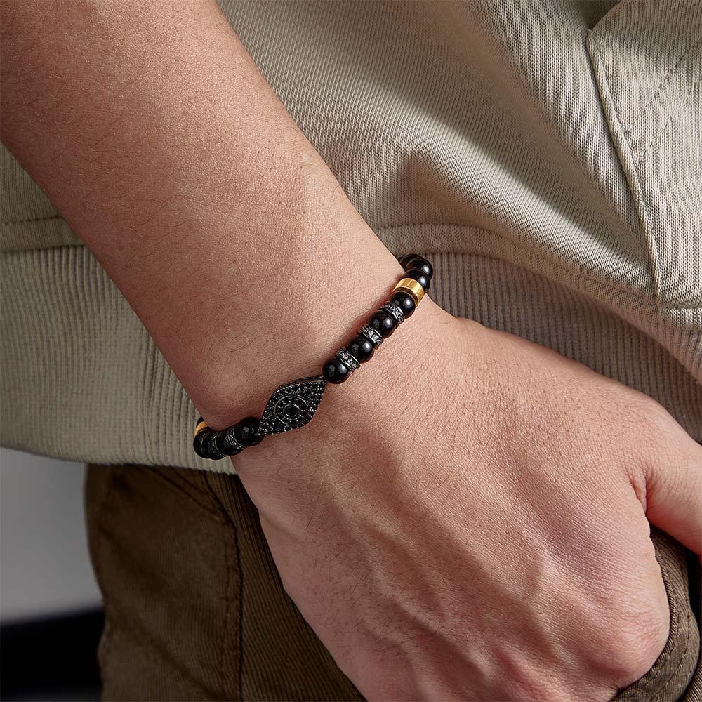 Custom Engraved Evil Eye Men's Bracelet Black Onyx Beaded Amulet Bracelet - yournamenecklaceau