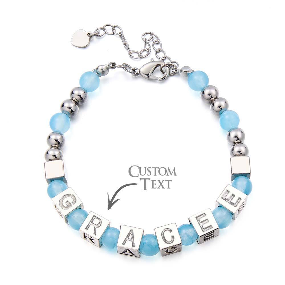 Personalized Beaded Engraved Bracelet with White Moon Stones in Sterling White - yournamenecklaceau