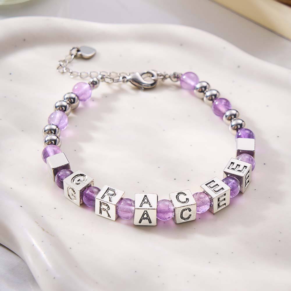Personalized Beaded Engraved Bracelet with White Moon Stones in Sterling White - yournamenecklaceau