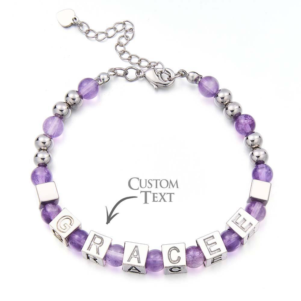 Personalized Beaded Engraved Bracelet with White Moon Stones in Sterling White - yournamenecklaceau