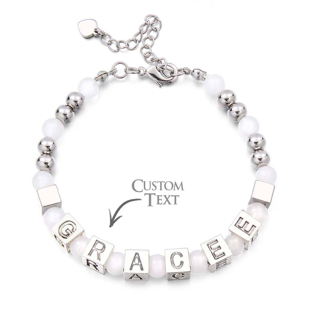 Personalized Beaded Engraved Bracelet with White Moon Stones in Sterling White - yournamenecklaceau