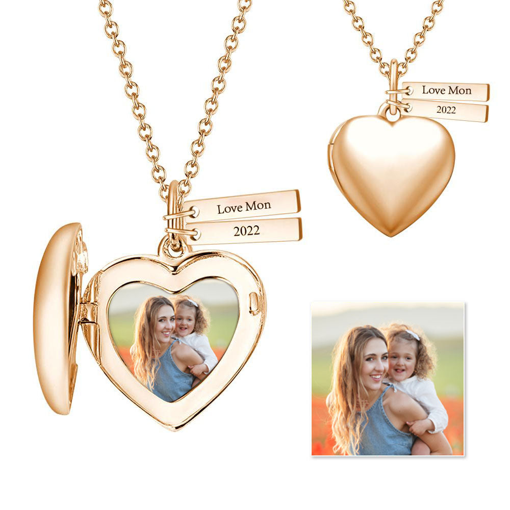 Mother's Day Gift Personalised Heart Photo Locket Necklace With Engraving Name Rose Gold Plated