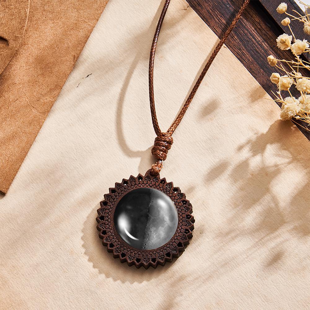 Custom Moon Phase Wood Pendant Necklace Personalized Engraved Name Valentine's Gifts for Her - yournamenecklaceau