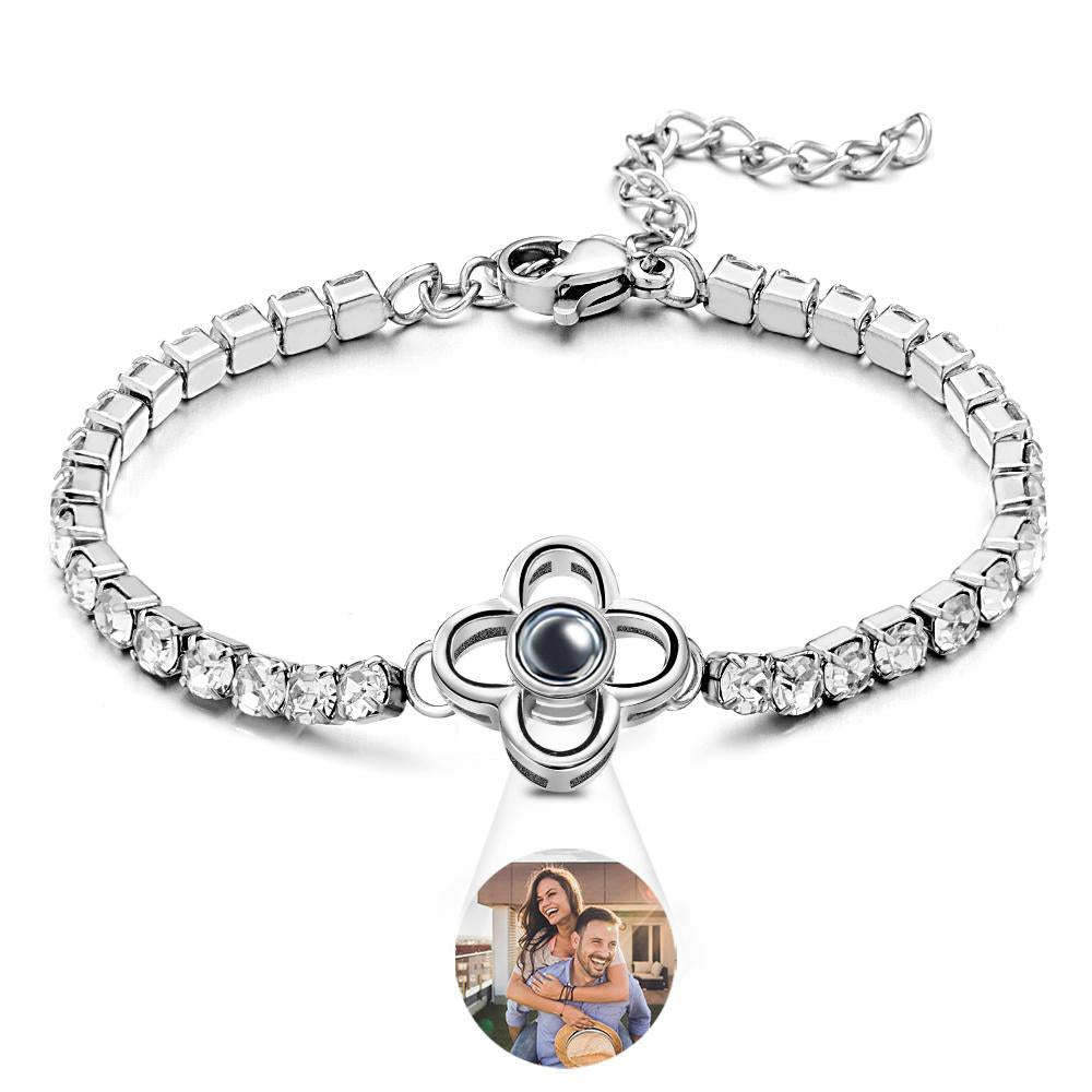 Custom Photo Projection Bracelet Fashionable All Diamonds Four Leaf Clover Charm Bracelet Gifts For Her - yournamenecklaceau