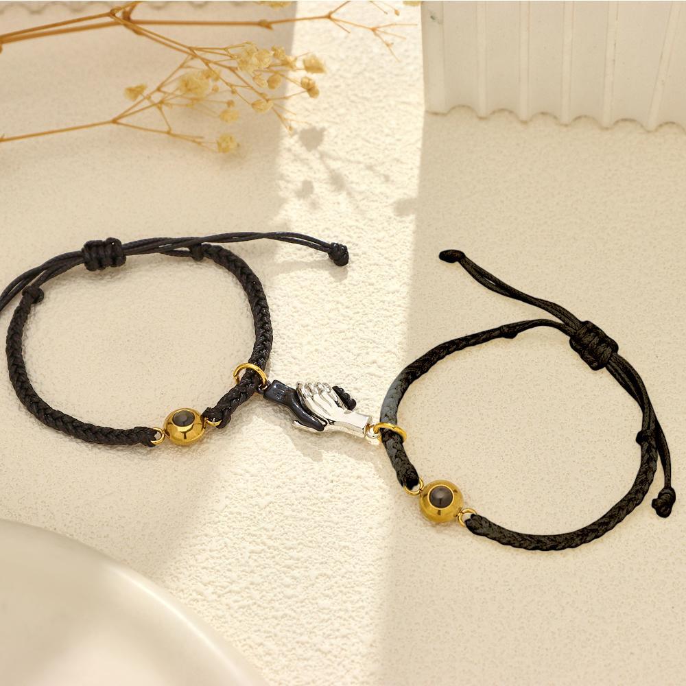 Custom Engraved Bracelet Magnetic Shake Hands Couple Gift - yournamenecklaceau